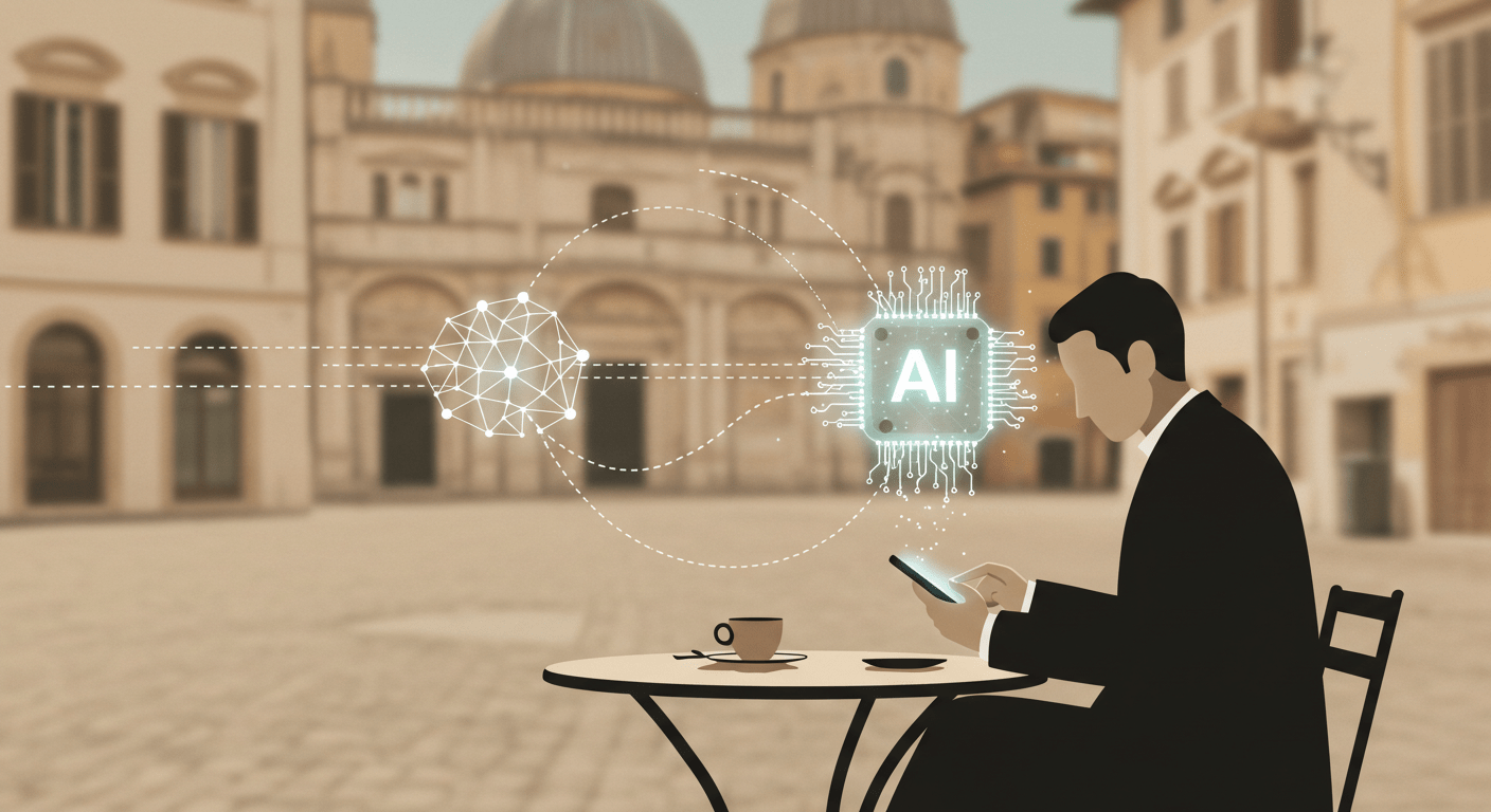 Un’illustrazione minimalista raffigura una persona seduta a un tavolino in una piazza italiana, intenta a usare lo smartphone. Sopra di lei fluttua un simbolo luminoso che rappresenta l’intelligenza artificiale, come una rete neurale stilizzata o un cervello astratto. Sullo sfondo, linee essenziali richiamano l’architettura tipica italiana. Fili digitali sottili collegano il telefono al simbolo dell’AI, suggerendo un cambiamento silenzioso ma profondo. I colori sono delicati — beige, azzurro chiaro e accenti di verde digitale — creando un’atmosfera calma, pulita e futuristica.